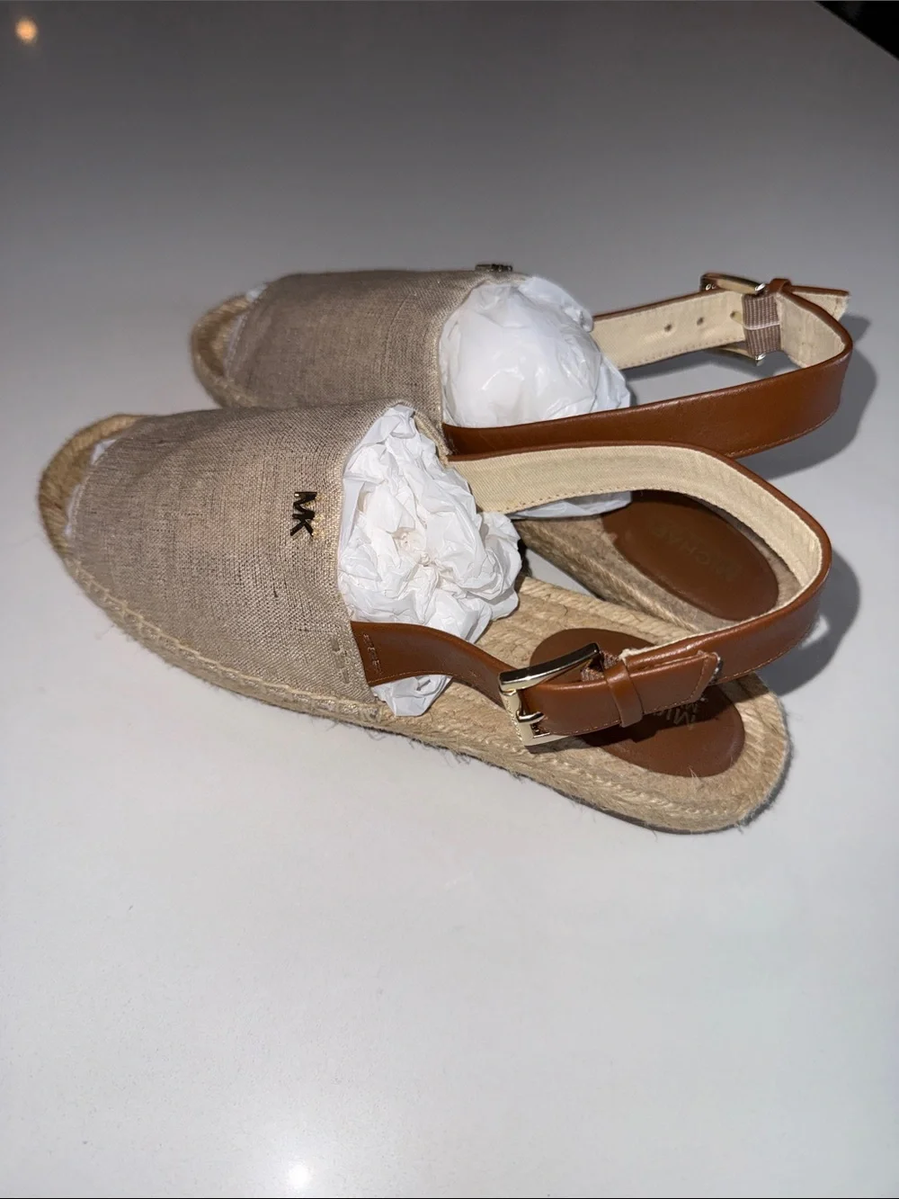 MICHAEL Michael Kors Fisher Metallic Gold Linen Espadrille Sandals | Size 6.5